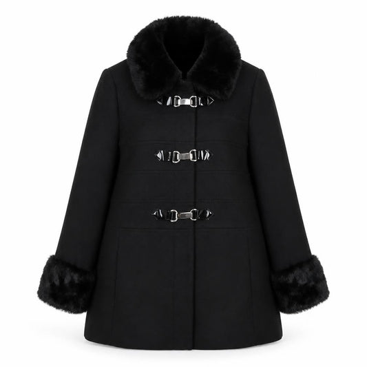 Front view of Red Herring women’s black pea coat coat, size UK 16, button
