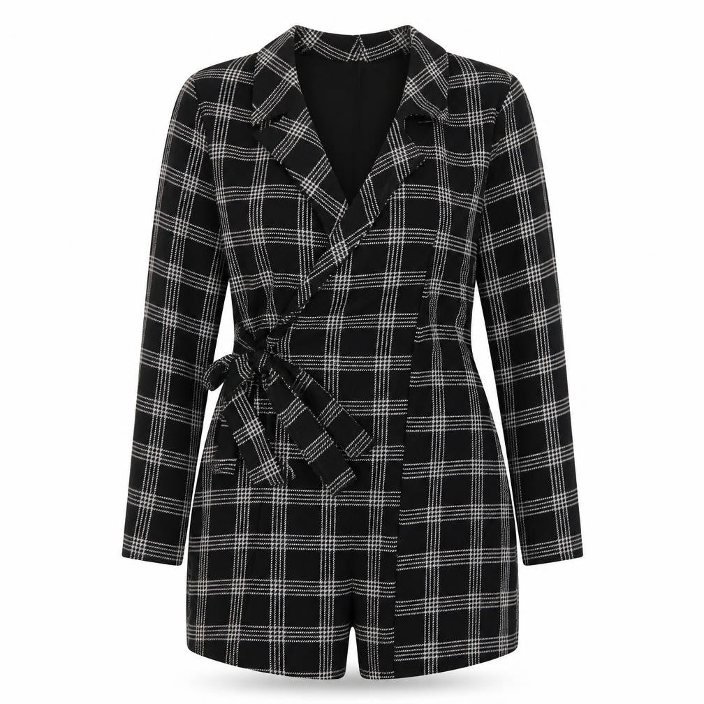 Boohoo Womens Black Plaid Polyester Playsuit One-Piece Size 10 Tie