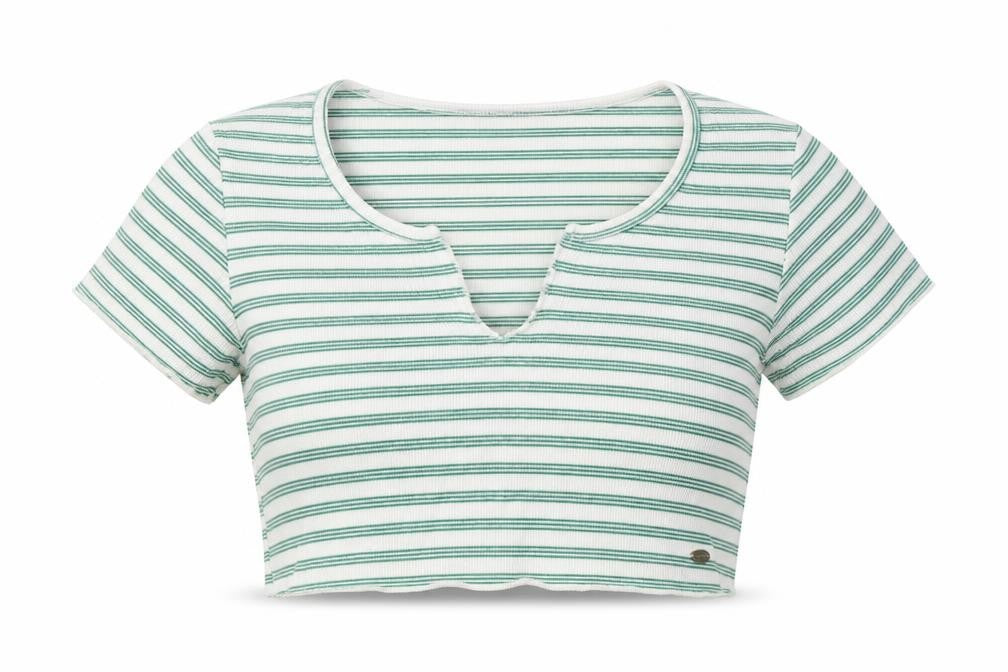 Pull&Bear Women's Green Striped Cropped T-Shirt S