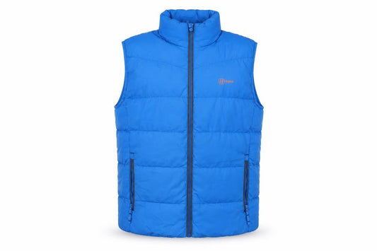 Front view of Hi Gear boys’ blue gilet waistcoat, size 13-14, years zip