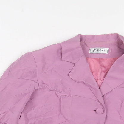 Close-up detail of Principles women’s purple jacket blazer, size UK 8, button