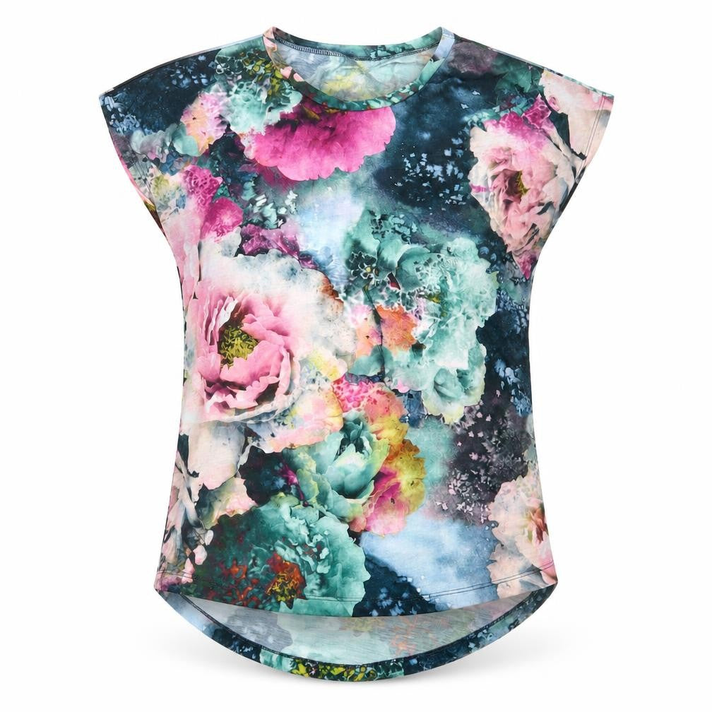 Vero Womens Green Floral Polyester Basic T-Shirt Size XS Crew Neck