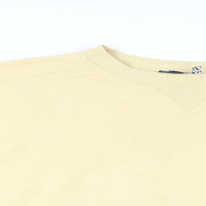 Close-up detail of ASOS women’s yellow cotton pullover sweatshirt, size UK 8, pullover - oversized