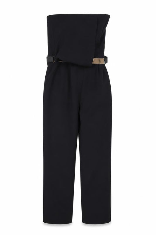 Front view of Miss Selfridge women’s black polyester jumpsuit one-piece, size UK 12, 29-inch leg zip - belted strapless