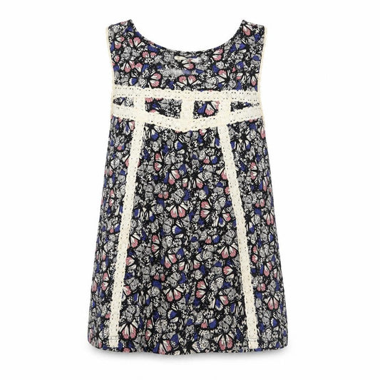 BHS Womens Multicoloured Geometric Cotton Basic Tank Size 8 Square Neck - Crocheted Lace Detail