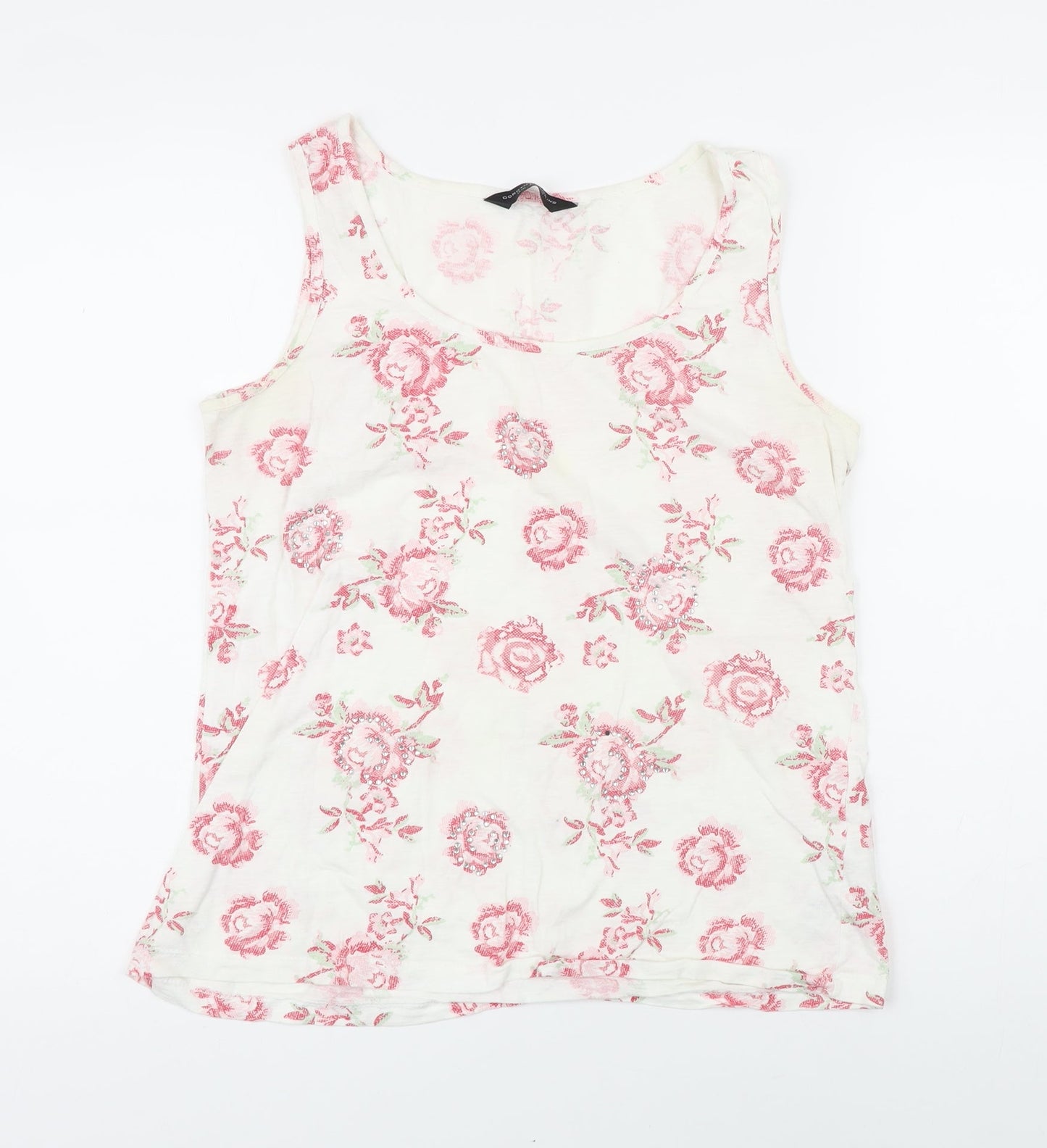 Dorothy Perkins Womens White Floral 100% Cotton Basic T-Shirt Size 14 Scoop Neck - Gemstone Print