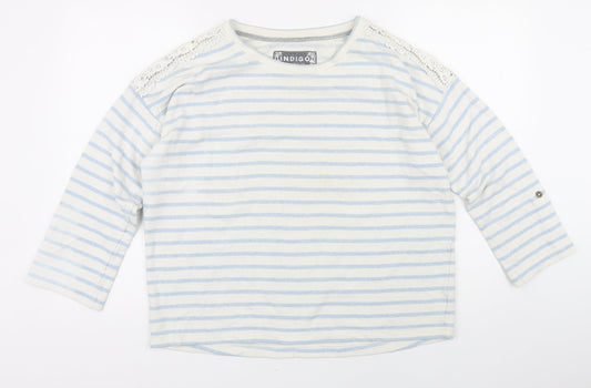 Indigo Womens Blue Striped Cotton Basic T-Shirt Size 16 Boat Neck