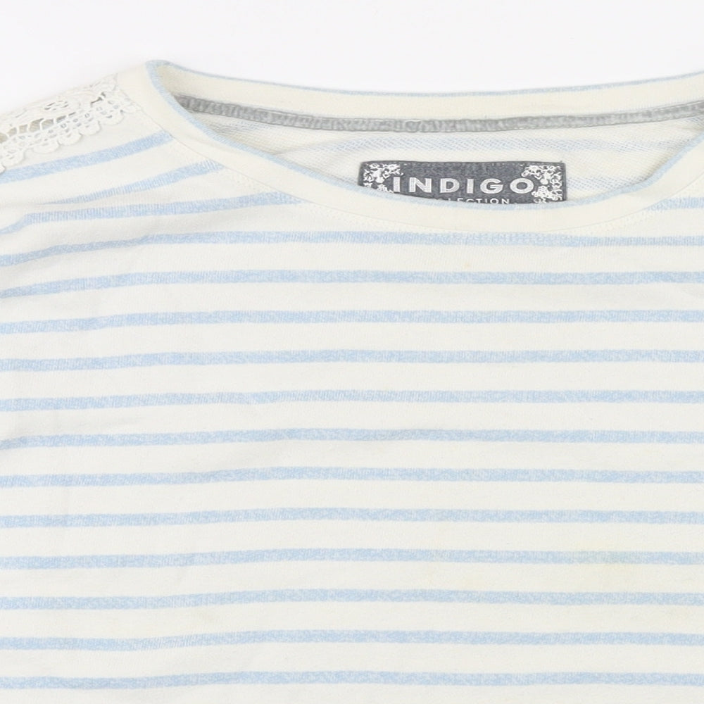 Indigo Womens Blue Striped Cotton Basic T-Shirt Size 16 Boat Neck