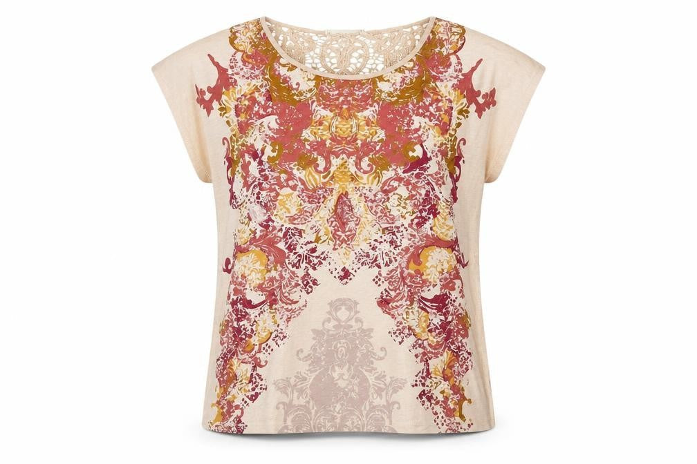 Indigo Womens Beige Cotton Basic T-Shirt Size 16 Boat Neck - Geometric Front Print