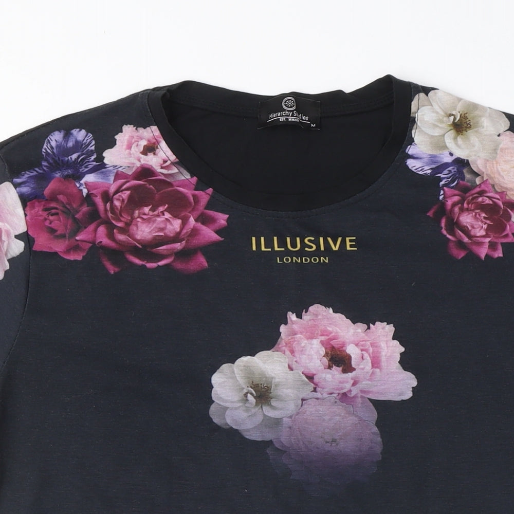 Illusive London Unisex Black Floral T-Shirt M Casual