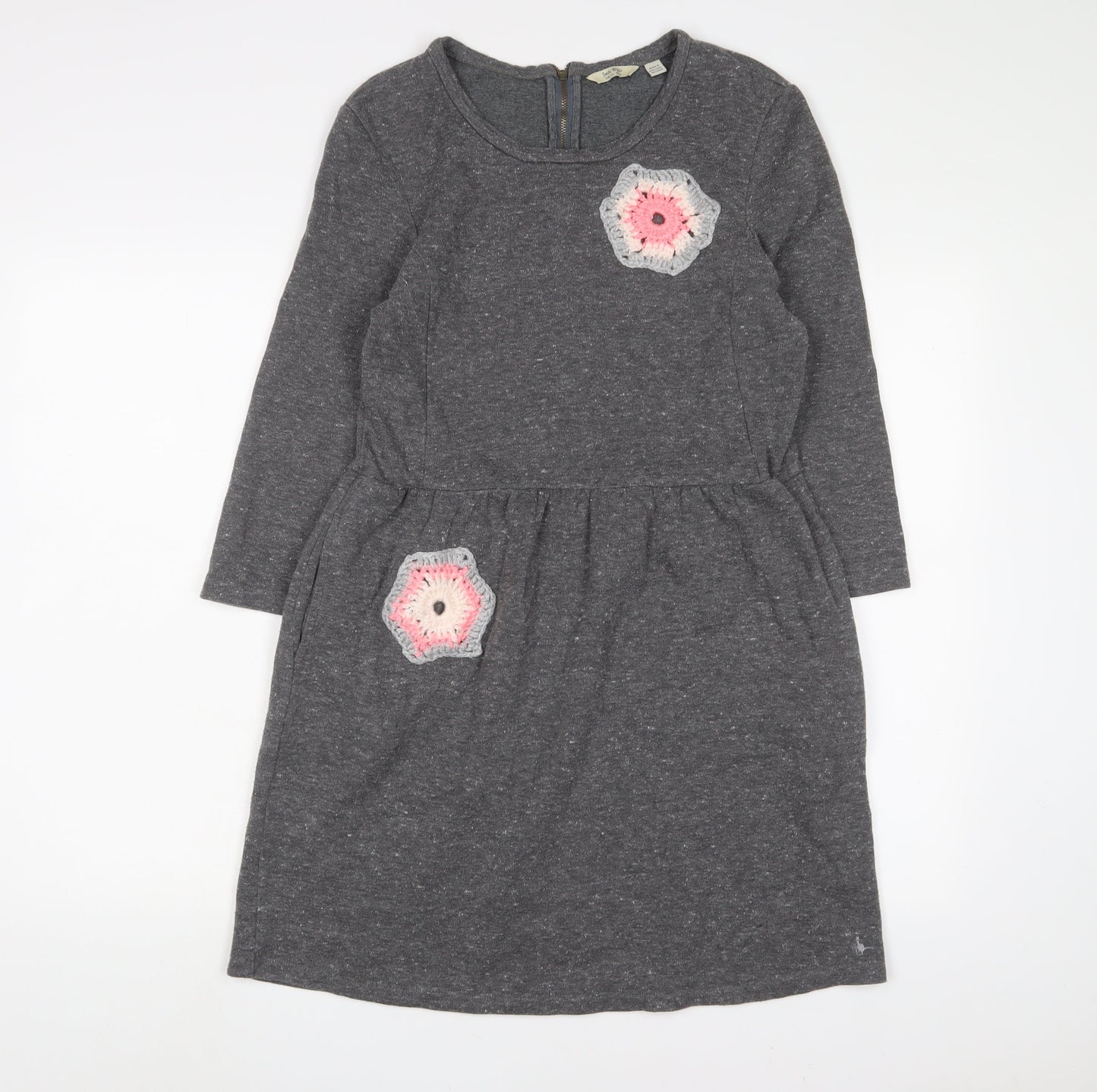 Jack Wills Womens Grey Floral Cotton A-Line Size 12 Crew Neck Zip - Embroidered