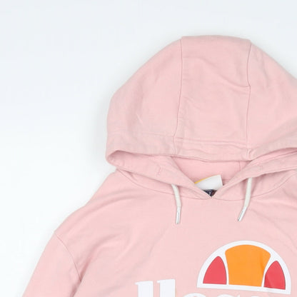 Close-up detail of Ellesse women’s pink cotton pullover hoodie, size UK 6, pullover - logo