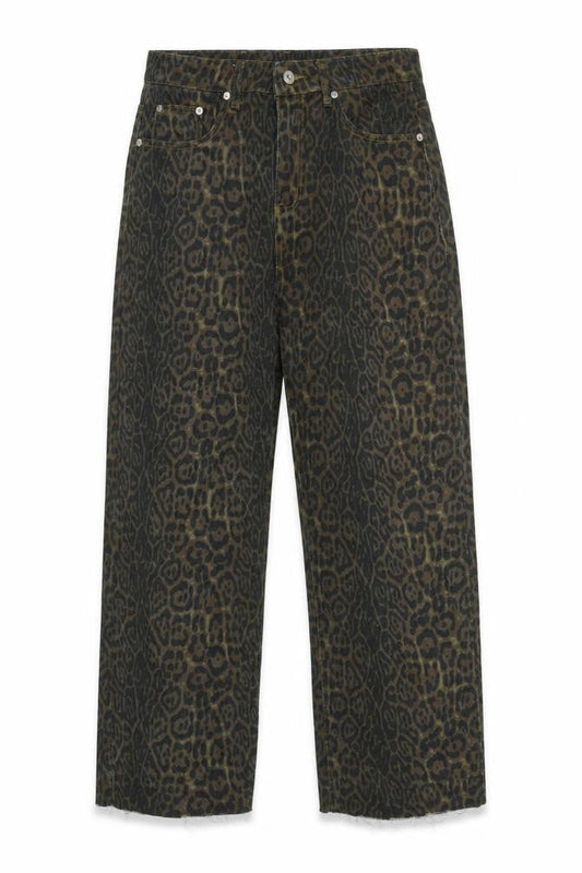 HHKKEEP Womens Brown Animal Print Cotton Wide-Leg Jeans Size 32 in L26 in Regular Zip - Raw Hem