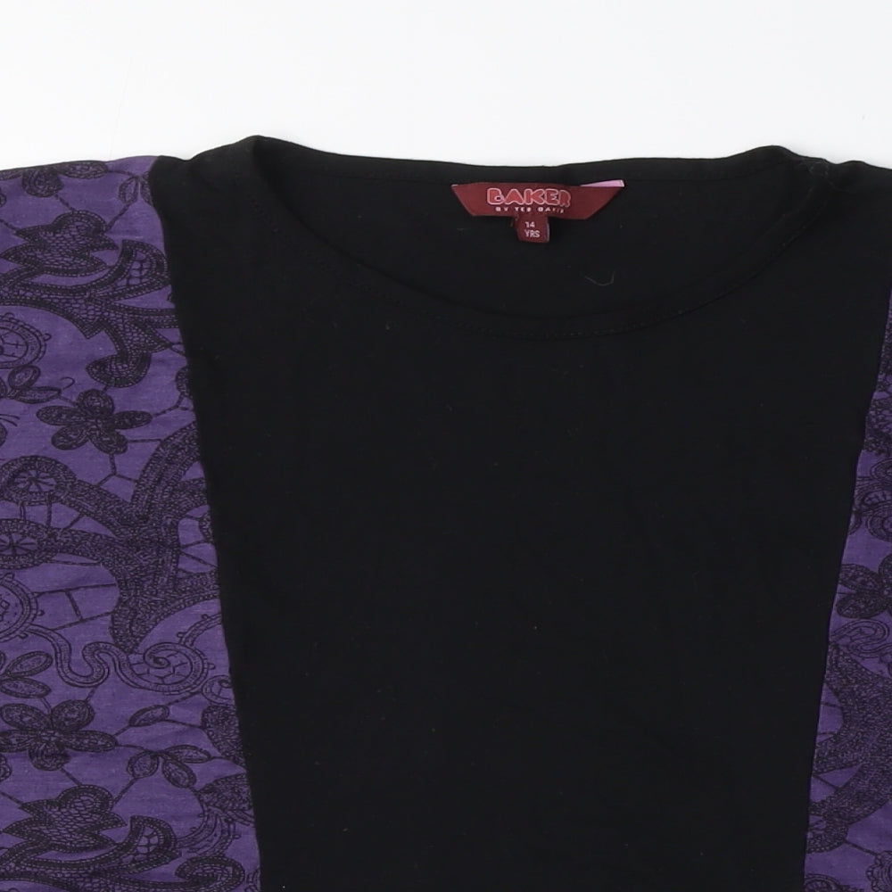 Close-up detail of Baker by Ted Baker girls’ kimono style t-shirt, black purple, 14 years