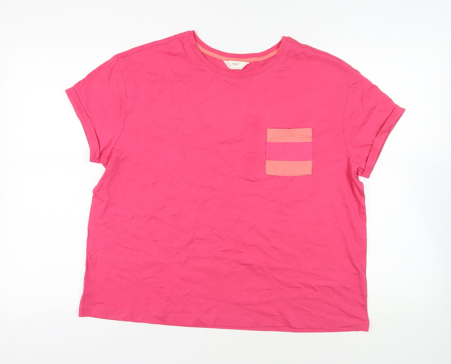 Marks and Spencer Womens Pink Solid Cotton Top Pyjama Top Size L - Pocket Detail