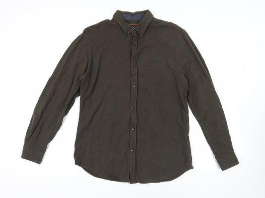Zara Mens Green Cotton Button-Up Size M Collared Button - Elbow Patches