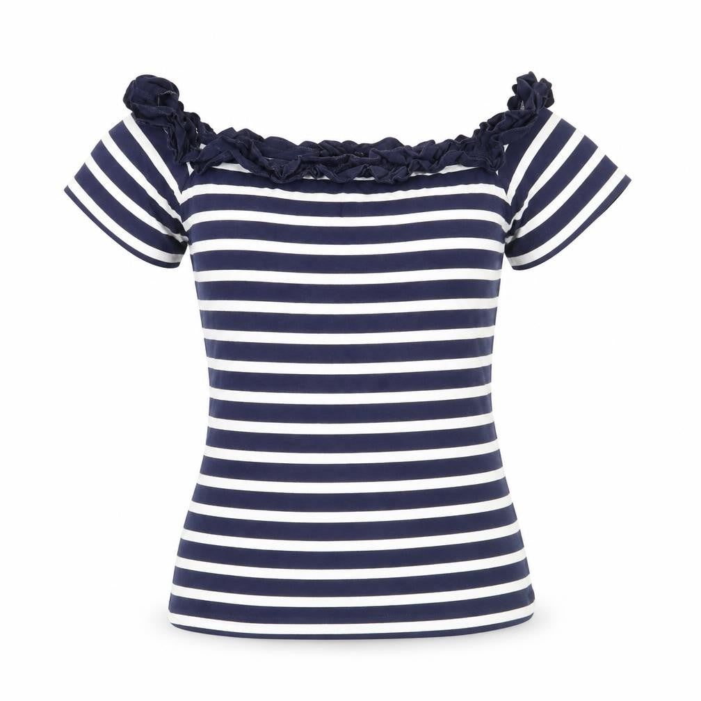 Dorothy Perkins Womens Blue Striped Cotton Basic T-Shirt Size 8 Off the Shoulder - Ruffle