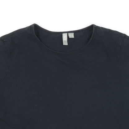 Close-up detail of ASOS women’s black polyester basic t-shirt, size UK 12, round neck