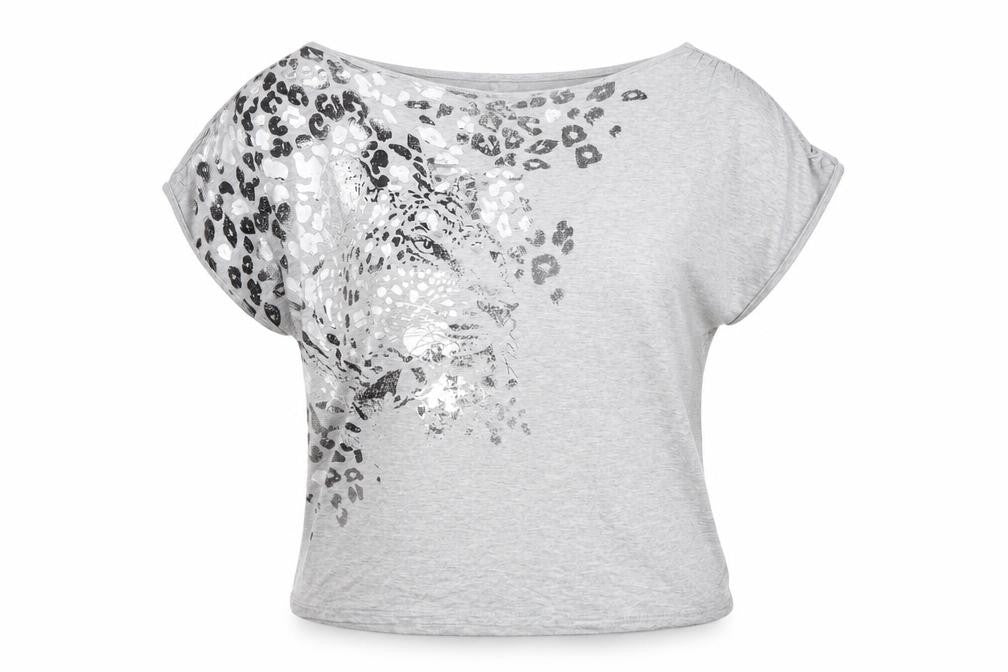 Next Womens Grey 100% Cotton Cropped T-Shirt Size 8 Boat Neck - Cold shoulder, animal print