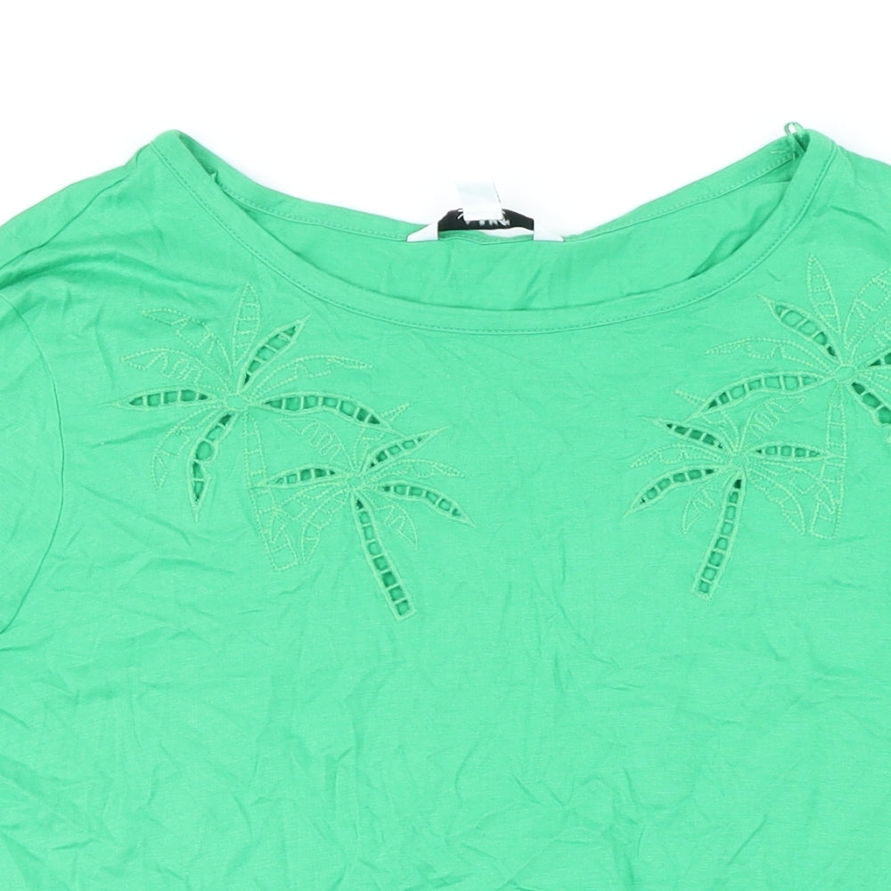 NEXT Womens Green Cotton Basic T-Shirt Size 14 Boat Neck - Palm tree decoration