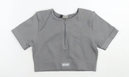 Bo+tee Womens Grey Nylon Cropped T-Shirt Size S Round Neck Pullover