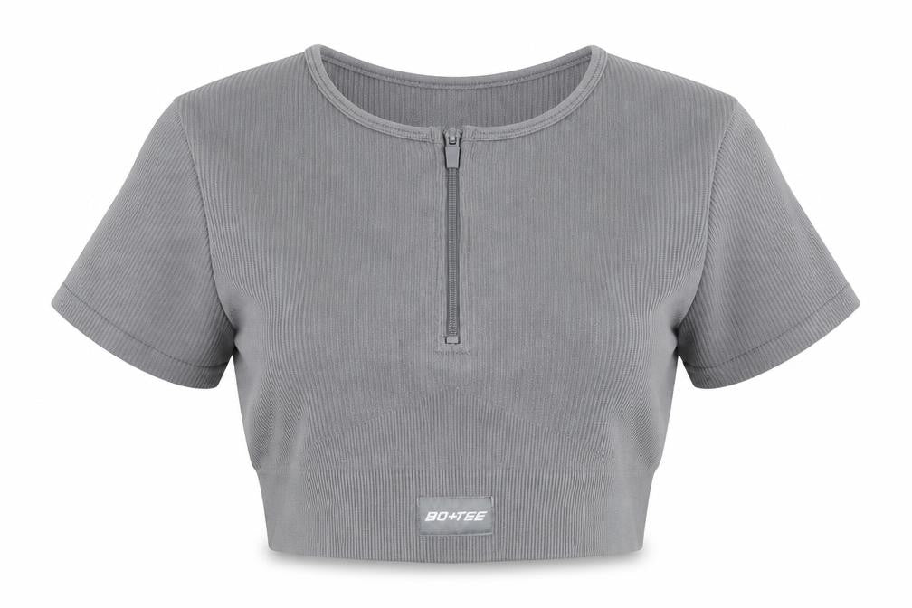 Bo+tee Womens Grey Nylon Cropped T-Shirt Size S Round Neck Pullover