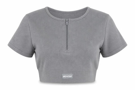 Bo+tee Womens Grey Nylon Cropped T-Shirt Size S Round Neck Pullover