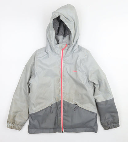 Additional front view of Decathlon girls’ grey windbreaker jacket, size 6, years zip