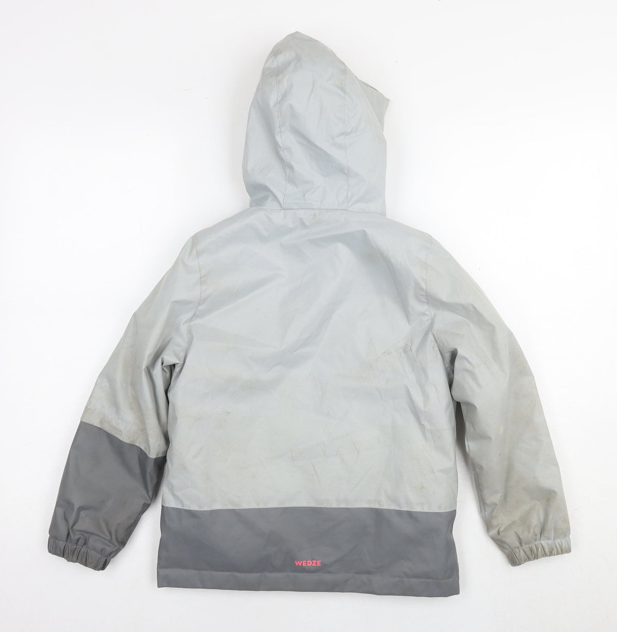 Back view of Decathlon girls’ grey windbreaker jacket, size 6, years zip