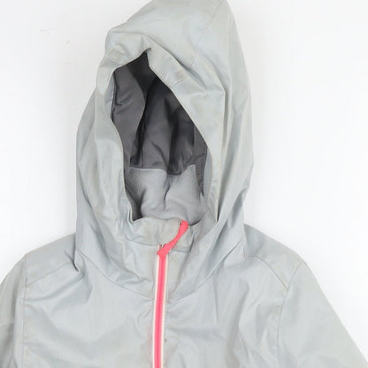 Close-up detail of Decathlon girls’ grey windbreaker jacket, size 6, years zip