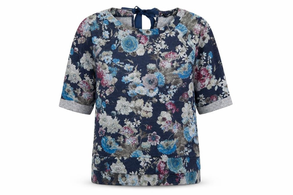 Oasis Womens Blue Floral Viscose Basic T-Shirt Size S Round Neck