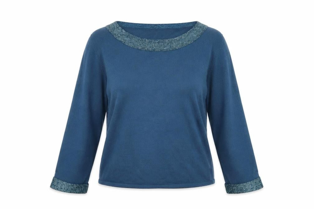 Pomodoro Womens Blue Round Neck Angora Pullover Jumper Size 14 - Beaded Trims