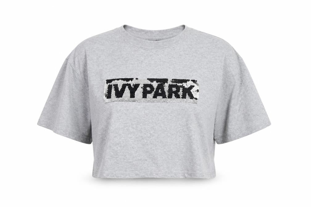 IVY PARK Womens Grey Cotton Cropped T-Shirt Size L Crew Neck - Sequins, Logo