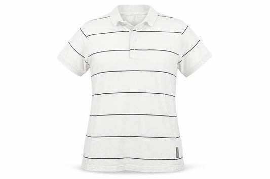 Front view of French Connection women’s white striped cotton basic polo, size M, collared