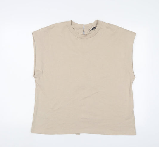 Zara Womens Beige Cotton Basic T-Shirt Size S Crew Neck