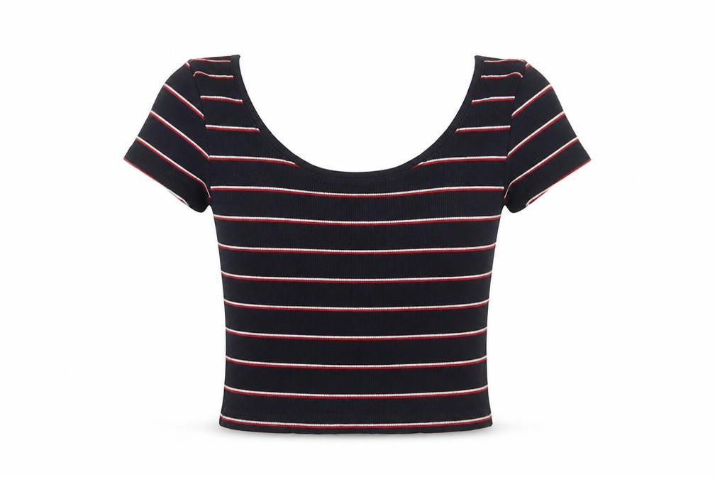 Pull&Bear Womens Blue Striped Cotton Basic T-Shirt Size S Scoop Neck
