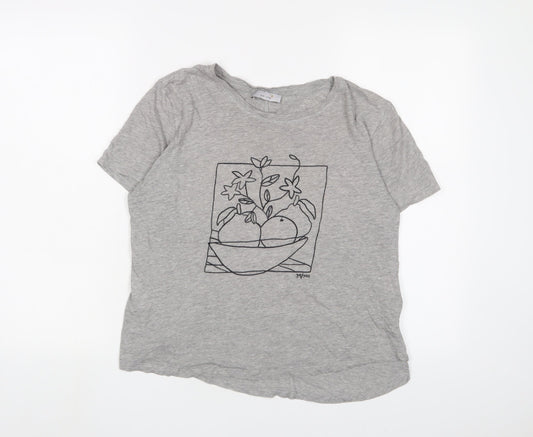 Marks and Spencer Womens Grey Cotton Basic T-Shirt Size 14 Crew Neck - Embroidered