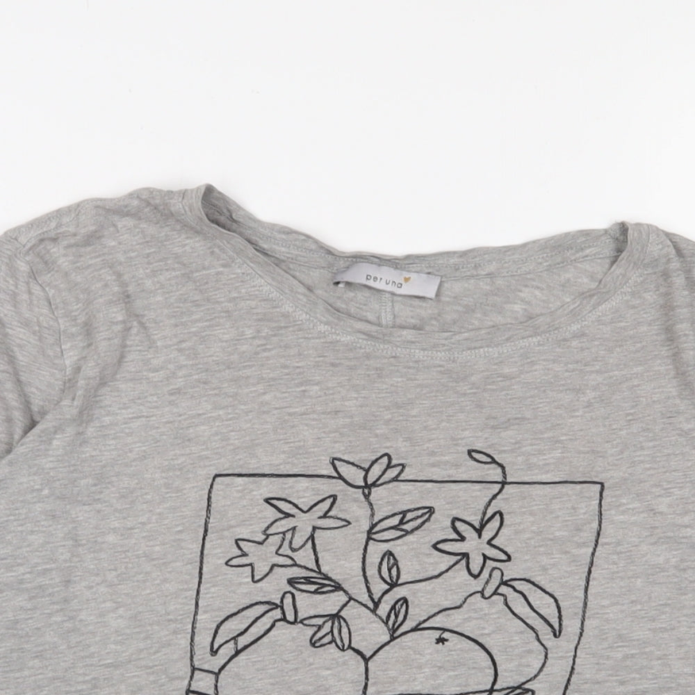 Marks and Spencer Womens Grey Cotton Basic T-Shirt Size 14 Crew Neck - Embroidered