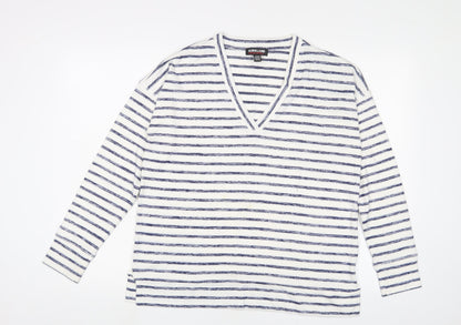 Additional front view of Kirkland women’s white v-neck striped viscose jumper, size M