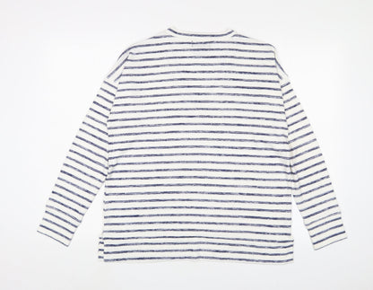 Back view of Kirkland women’s white v-neck striped viscose jumper, size M