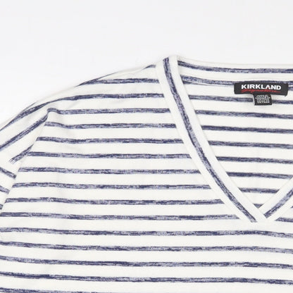 Close-up detail of Kirkland women’s white v-neck striped viscose jumper, size M