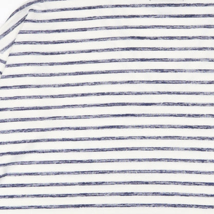 Brand and care label for Kirkland women’s white v-neck striped viscose jumper, size M