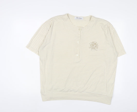 Berkertex Womens Ivory Striped Polyester Basic T-Shirt Size 18 Henley - Flower, Embroidered