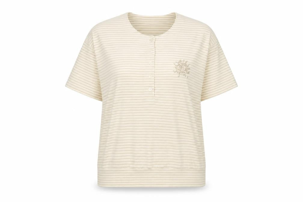 Berkertex Womens Ivory Striped Polyester Basic T-Shirt Size 18 Henley - Flower, Embroidered