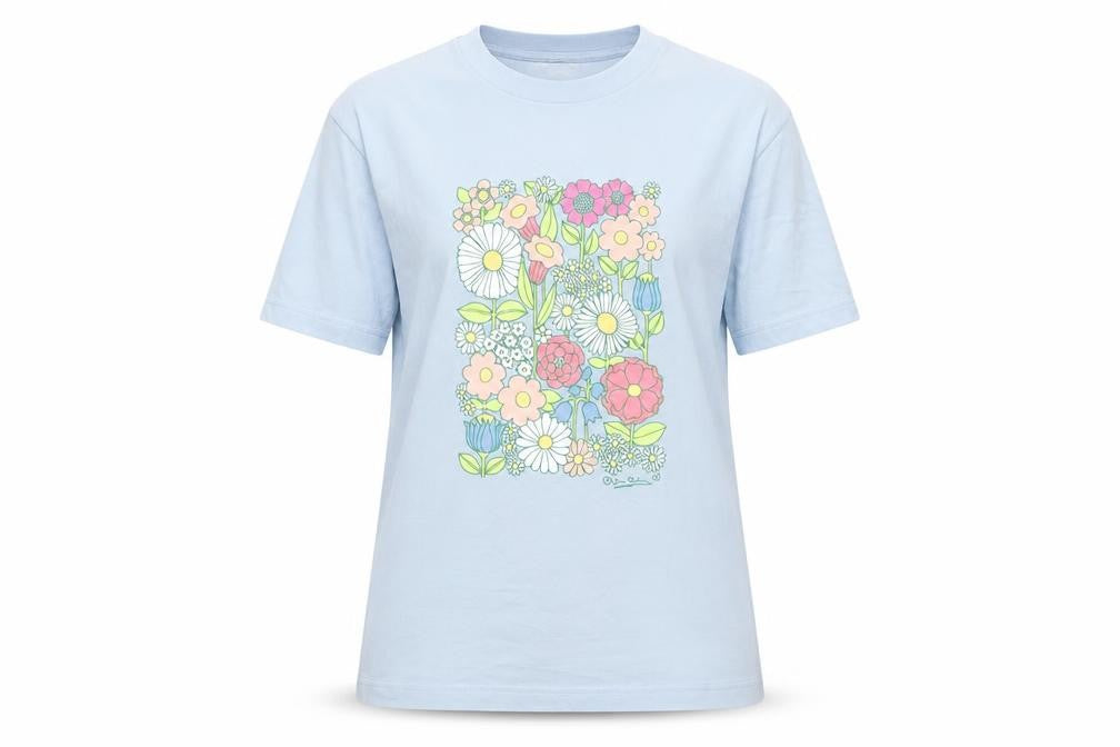 Monki Womens Blue Cotton Basic T-Shirt Size 2XS Crew Neck - Flowers Detail