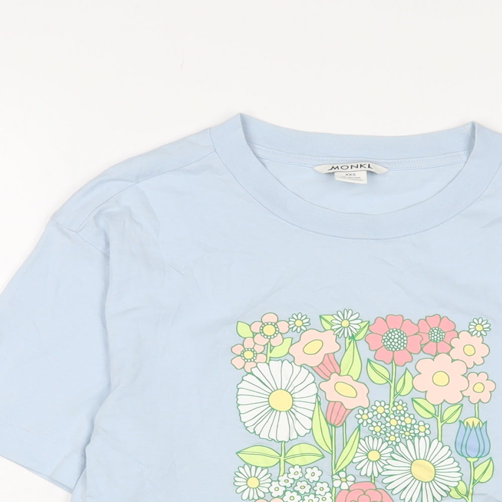 Monki Womens Blue Cotton Basic T-Shirt Size 2XS Crew Neck - Flowers Detail