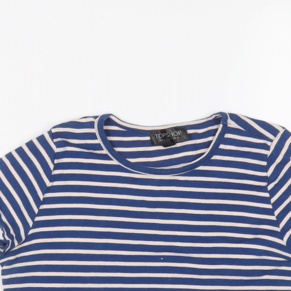 Topshop Womens Blue Striped Cotton Cropped T-Shirt Size 10 Crew Neck - Lettuce Edging