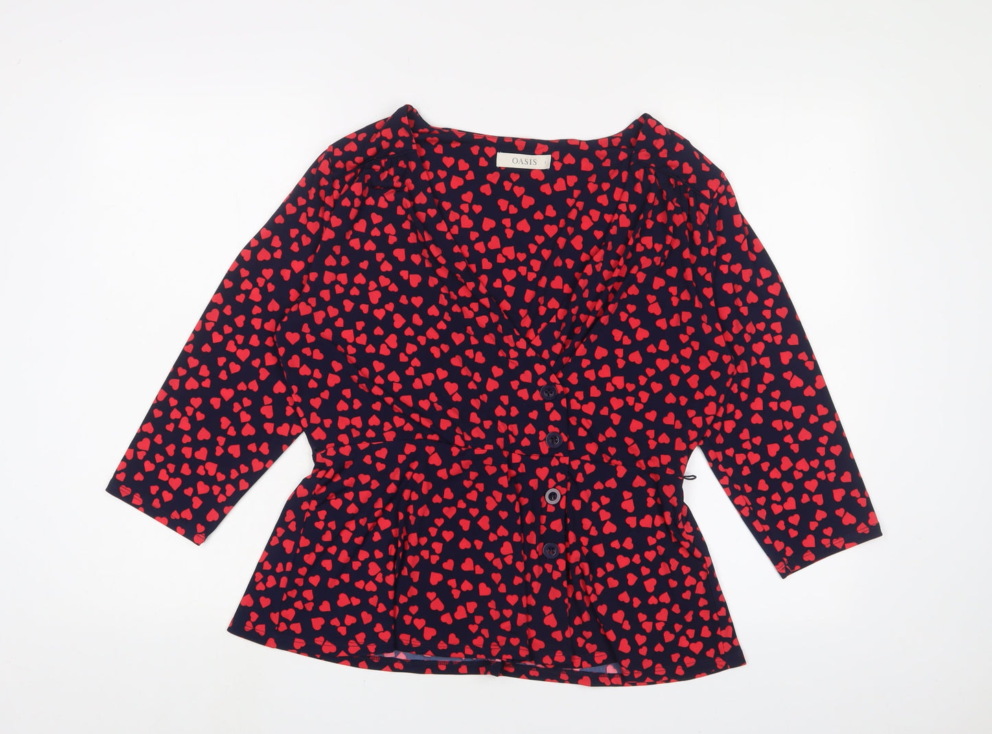 Oasis Womens Blue Geometric Polyester Basic Button-Up Size L V-Neck - Hearts