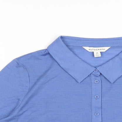 Close-up detail of Autograph women’s blue wool basic polo, size UK 14, collared