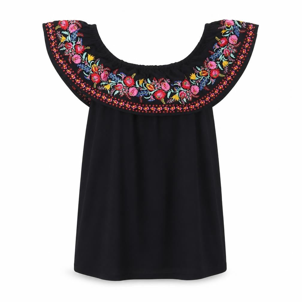 Oasis Womens Black Cotton Basic Blouse Size S Off the Shoulder - Embroidered Flowers